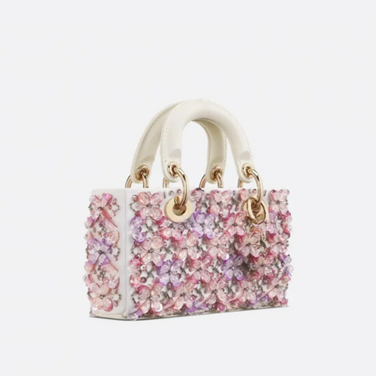 Bag Lady Dj Micro – White Calfskin w/ Pink Floral Emb & Strass
